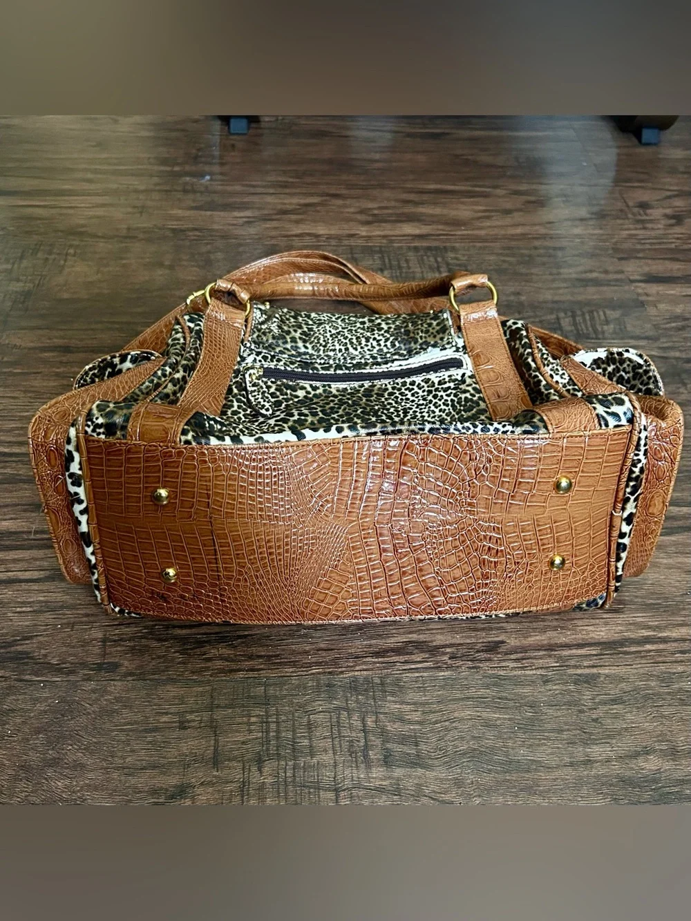 Leopard Print and Brown Studded Satchel Handbag